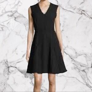 NWT Rebecca Taylor V-neck fringe trim dress black